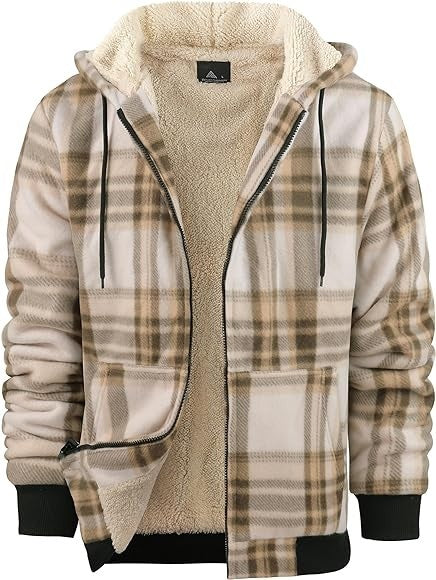 Men's Plaid Print Hooded Zip-Up Jacket Winter Thickened Cotton-padded Coat Warm Clothing